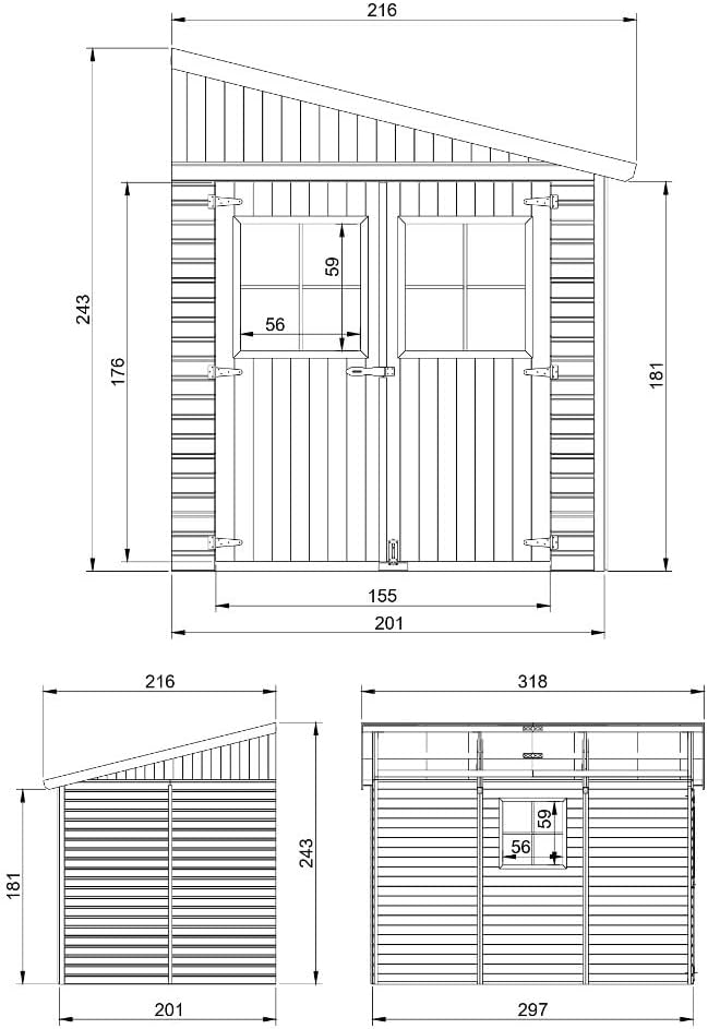 Holz Gartenschuppen (ohne Seitenwand) MIT IMPRÄGNIERTEM Boden - Abstellkammer mit Fenstern - H244x211x318 cm/6,02 m2 - Gartenwerkstatt - Fahrrad- Geräteschuppen TIMBELA M339+M339G