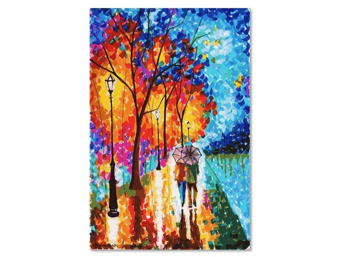 Tableau bois peinture promenade d'automne - 60 x 80 cm