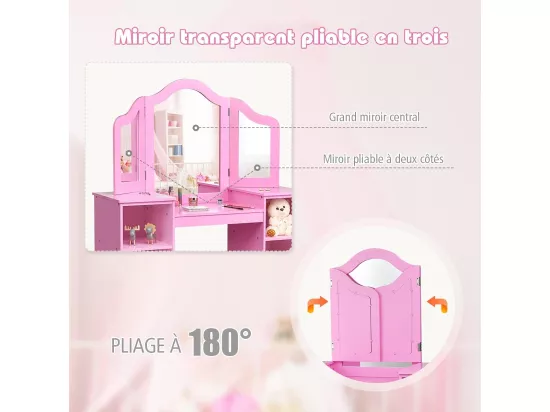 Coiffeuse pour Enfants 2 en 1 avec Miroir Amovible, Bureau Enfant avec 4 Étagères de Style Princesse pour Filles, Rose