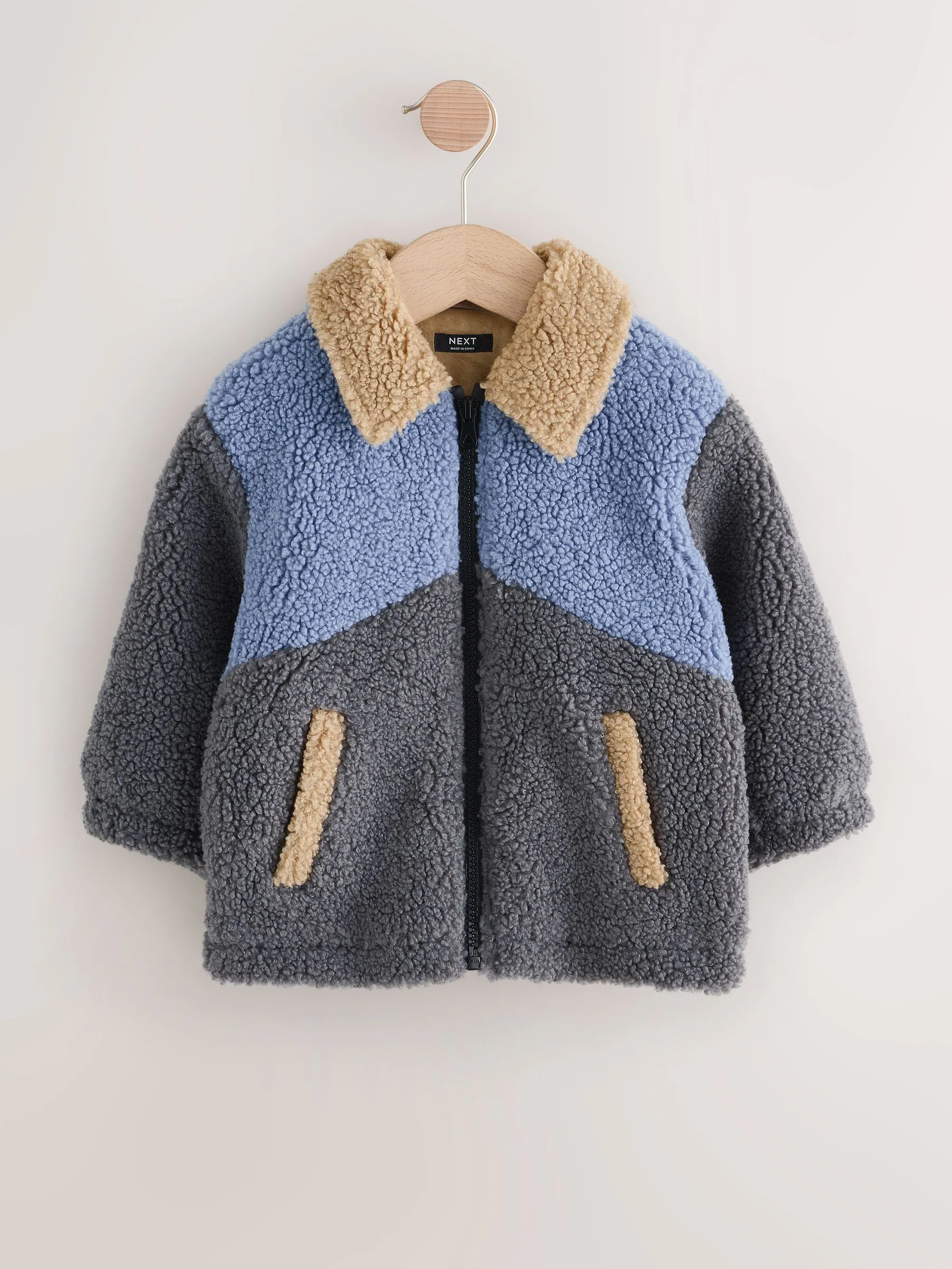 Antraciet/Blauw/Lichtbruin Colorblock - Fleece shacket van borg (3 mnd - 7 jr)
