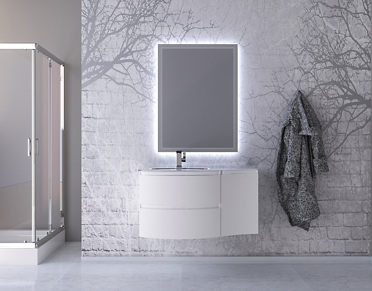 Ensemble Vague L.104 cm meuble sous vasque blanc mat à suspendre + complément droit + plan vasque verre blanc