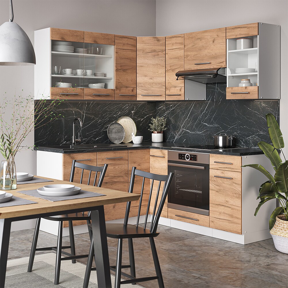 Vicco Eckküche Küchenzeile Einbauküche Fame-Line Weiß Eiche 190 cm modern Küchen Schränke Schubunterschrank Spülenunterschrank Eckunterschrank Herdumbauschrank Hängeglasschrank Hängeschrank