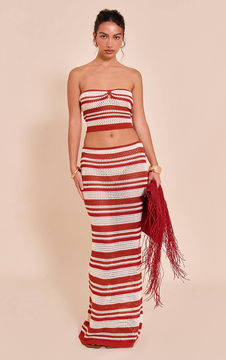 Rouille Jupe Longue Tricotée Au Crochet À Rayures
