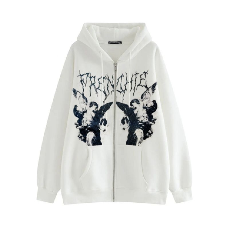 Rosesand - Unisex hoodie met lange mouwen, grafische print en letters, losse pasvorm en rits
