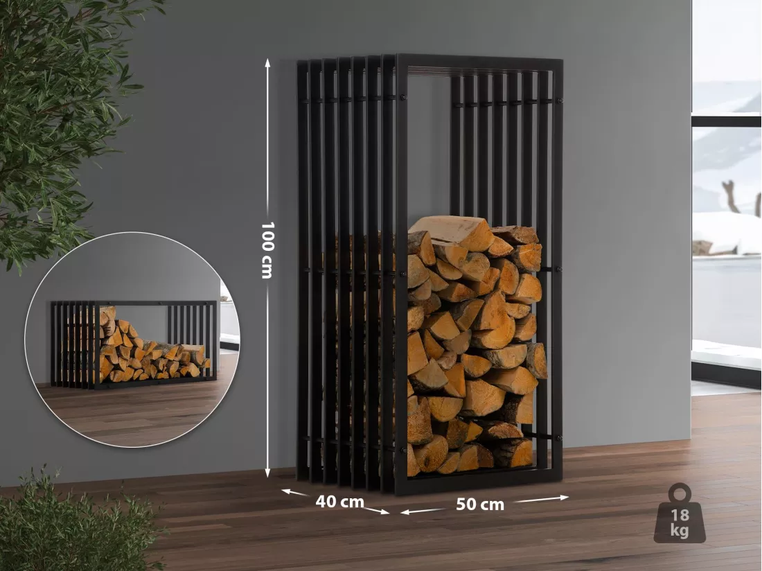 Etagère bois de cheminée - Métal - 50 x 40 x 100cm - Noir-mat - Irving
