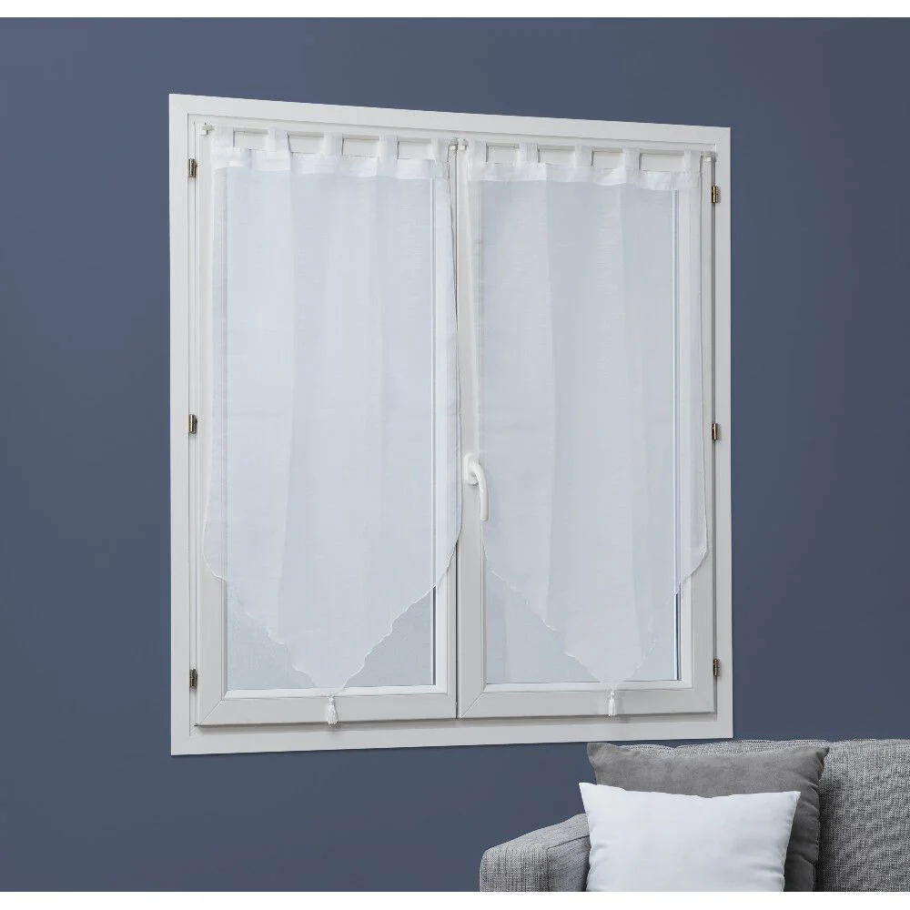 Vitrage passe tringle voile uni blanc pointe pompon 60x160cm x2