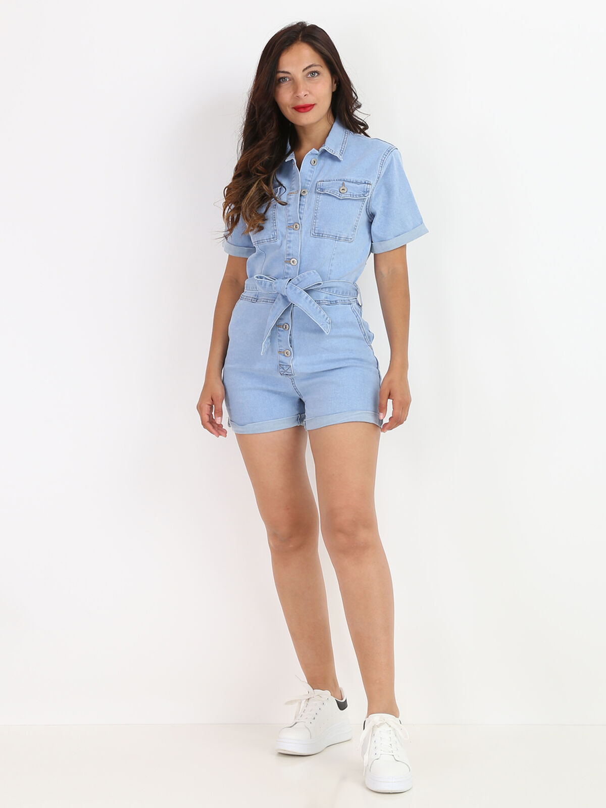 Combi-short en jeans style utilitaire- Bleu clair