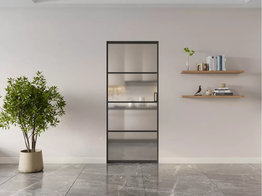 Porte coulissante avec système à galandage - aluminium et verre trempé dépoli - H205 x L73 cm - SINCA II
