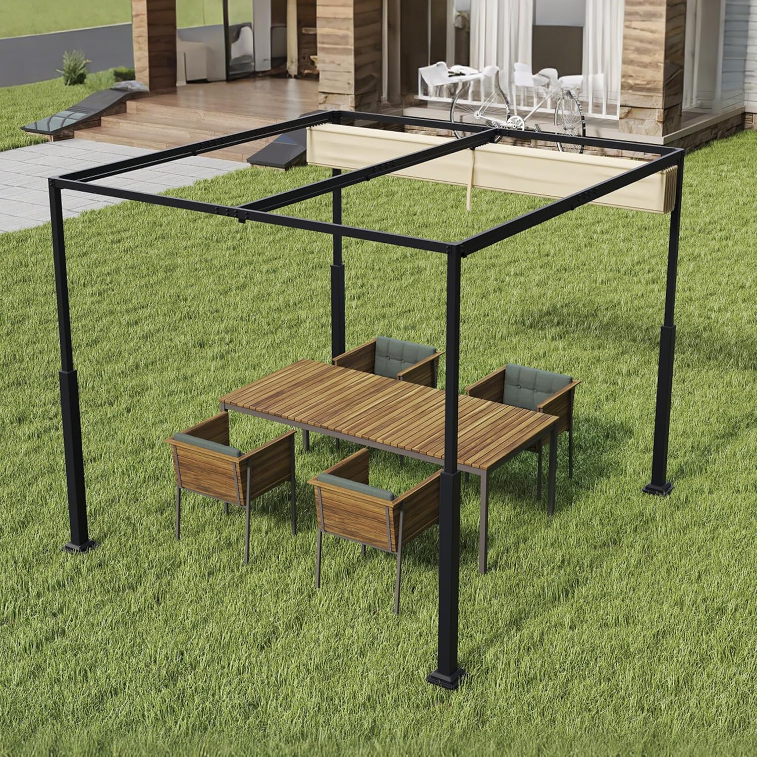 3x3m Outdoor Pergola Stabile Metallrahmen Gartenpavillon mit Wind- & Sonnenschutz Schiebedach, Freistehend Überdachung Einziehbare Markise für Garten Terrasse & Balkon (Beige)