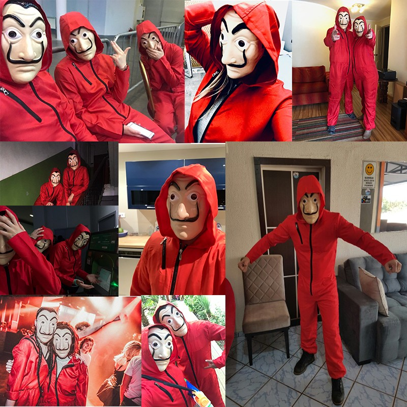 (175cm) Fasnachts Erwachsenen Kostüm Bankräuber Overall Verkleidung für Motto Partys / Halloween inkl. Maske - Rot