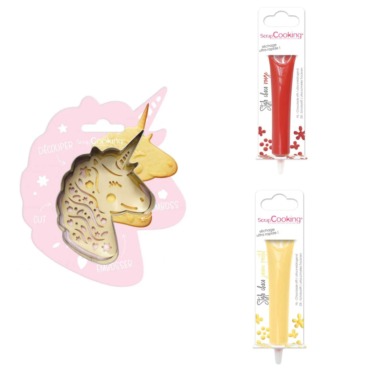 Kit pour biscuit en relief Licorne + 2 Stylos au chocolat rouge et jau
