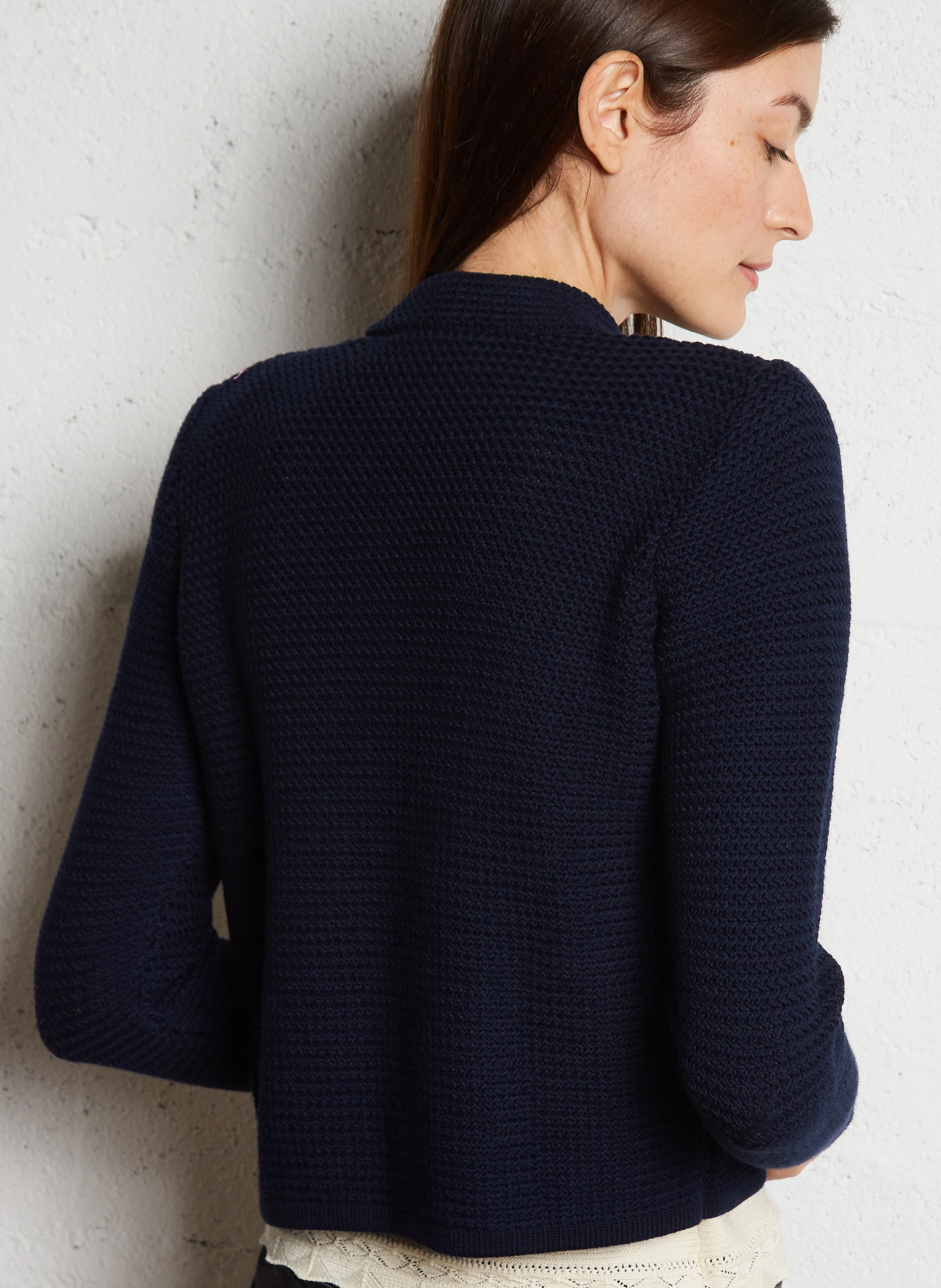 LOUMAN - Cardigan col rond droit en coton mélangé | Bleu