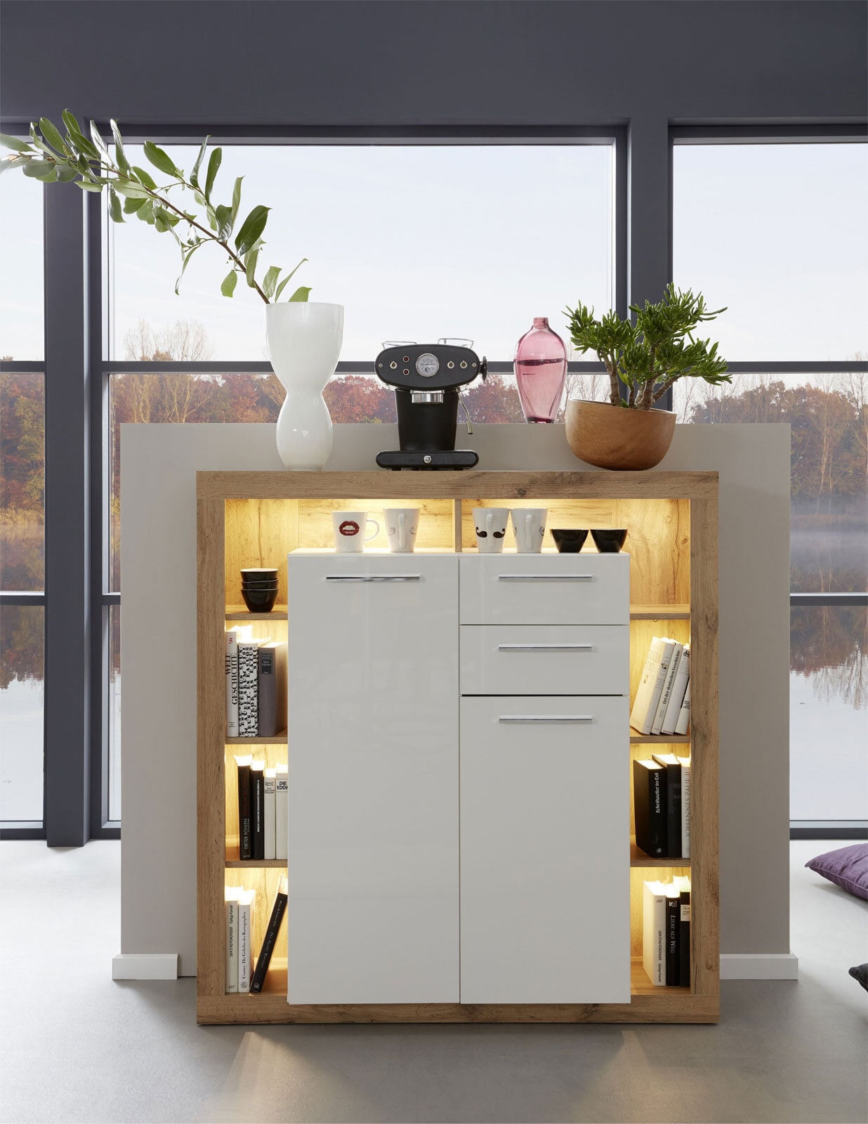Highboard Rock Weiß Hochglanz/Eiche Wotan Nachbildung 121 x 128 x 40 cm