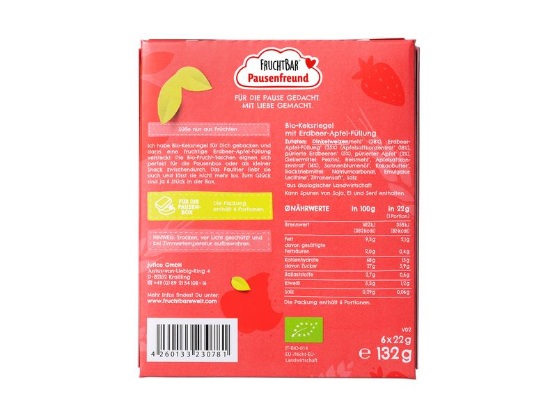 Fruchtbar Riegel Fruchttasche Dinkel, Erdbeere, Apfel 6 x 2 Bio-Keks-Riegel mit Fruchtfüllung