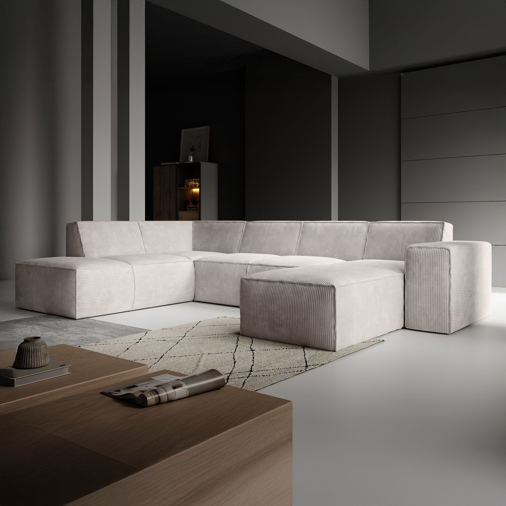 Monet XL - Hoekbank 5-zits met chaise longue - Ribstof beige - Rechts