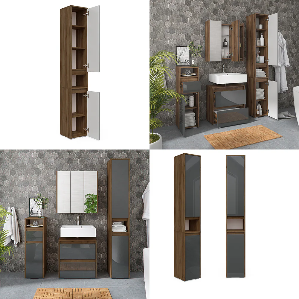Vicco Hochschran Badschrank Badezimmerschrank Majest Nuss/Anthrazit 2 Türen