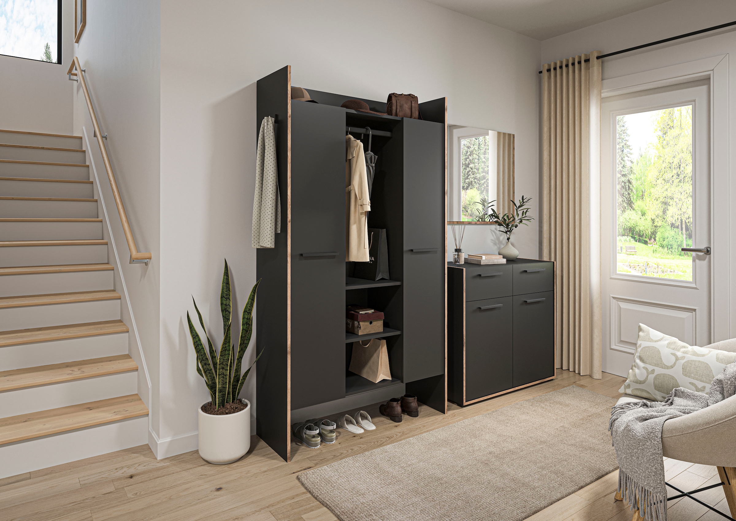 INOSIGN Garderoben-Set »MUSTA, 3-teilig: Garderobenschrank, Kommode & Garderobenspiegel«