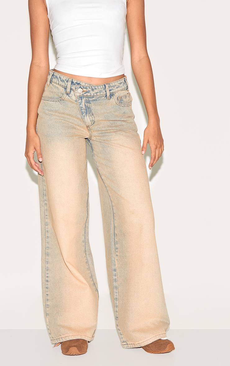 Sable Jean Large À Taille Asymétrique Effet Délavé