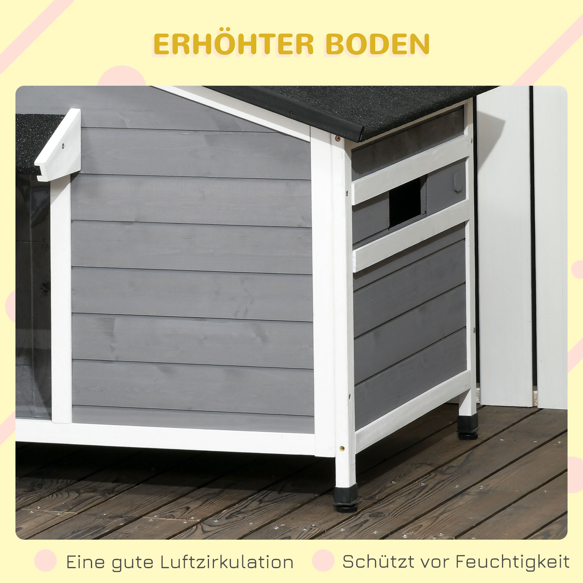 PawHut Hundehütte mit zu öffnendem Asphaltdach grau, weiß 109L x 79B x 72H cm