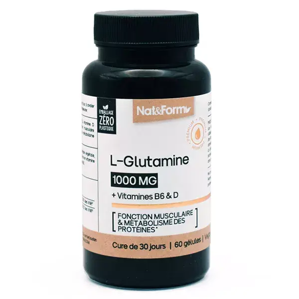 L-Glutamina Natural e em Forma + Vitaminas B6 e D para Função Muscular e Metabolismo de Proteínas - 60 cápsulas