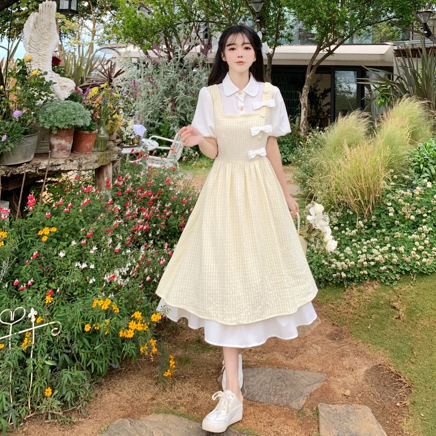 JVL - Mock Two-Piece Short-Mouw Bow Accent Midi A-lijn Jurk