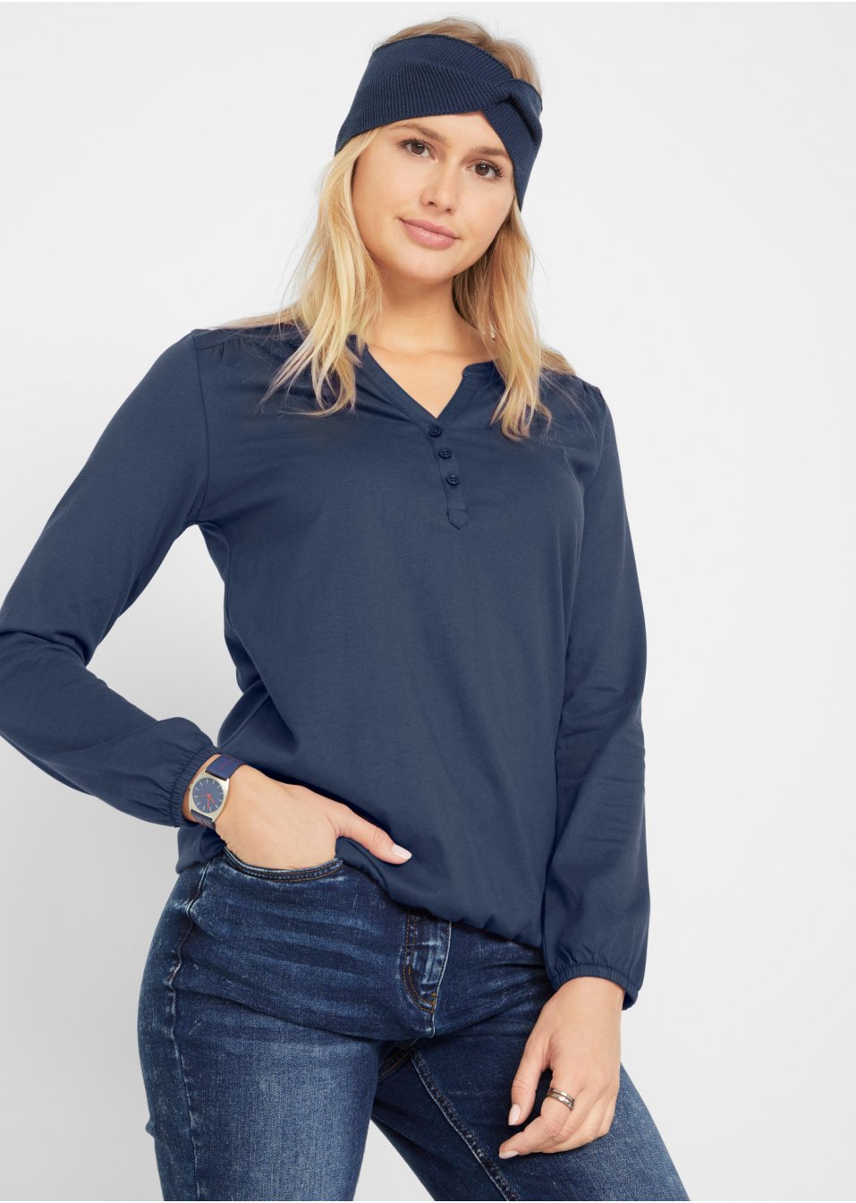 T-shirt coton à manches longues col Henley