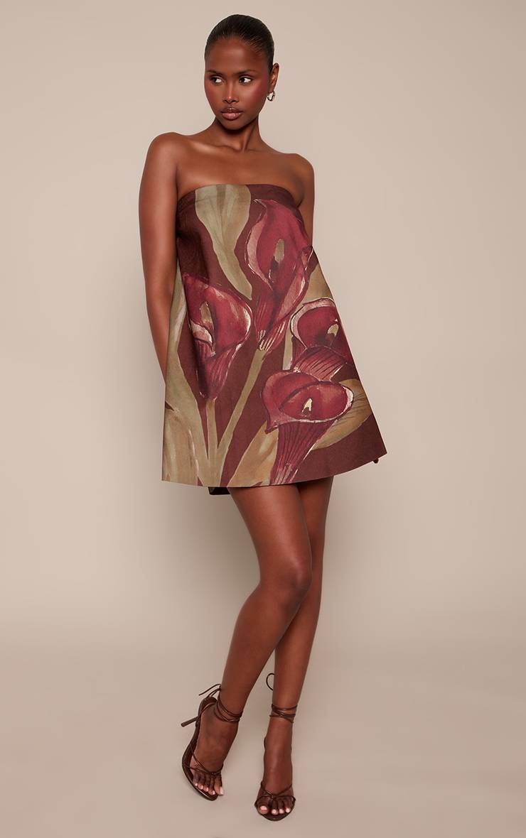 Marron Robe Trapèze Bustier À Imprimé Floral Sombre