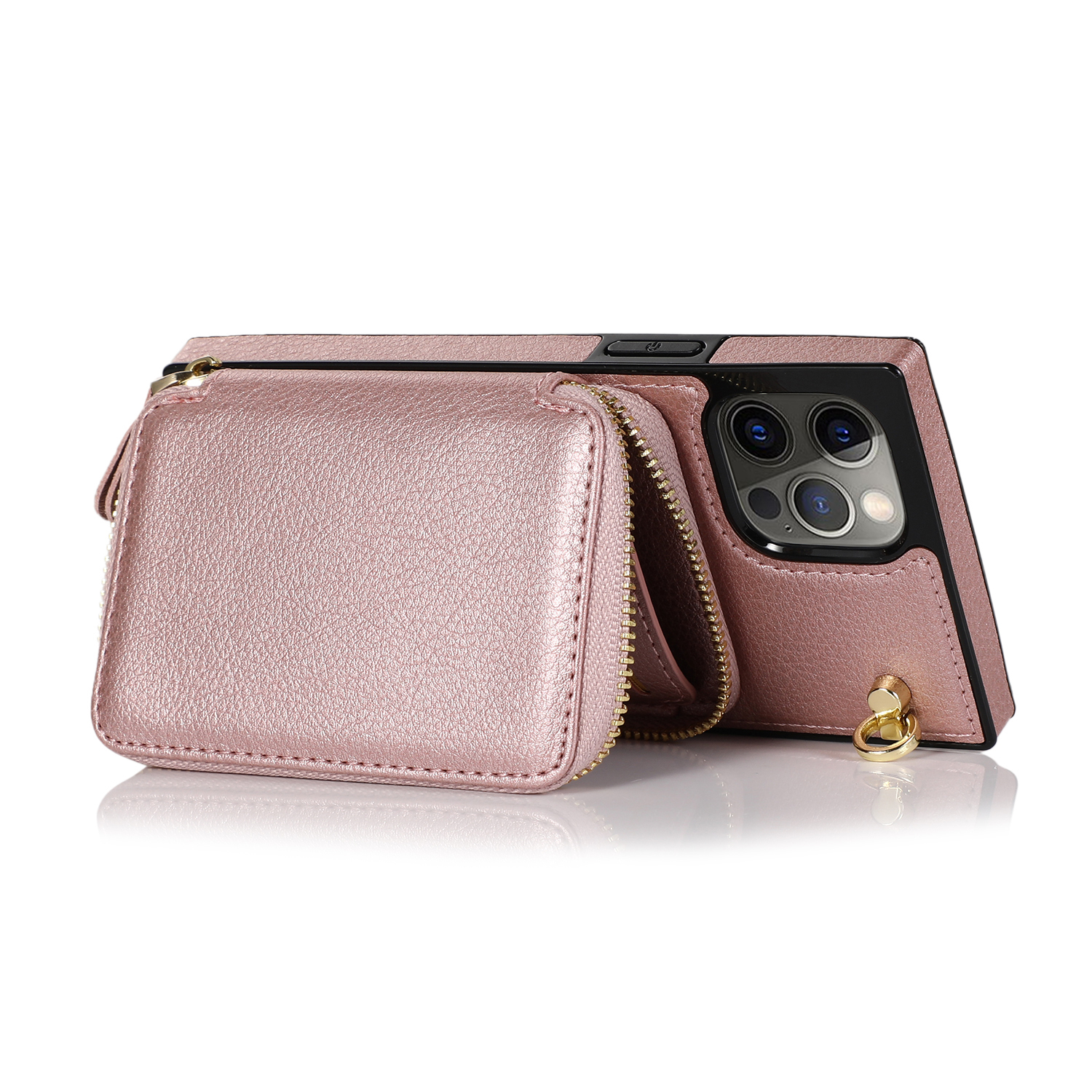 iPhone 16 Pro Max Necklace Leder Schutz Hülle mit Kartenfächer   Handykette (140cm) - Roségold