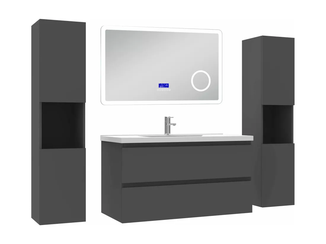 AICA Ensemble meuble Salle de Bain Anthracite 100cm avec 2 colonnes, simple vasque et Led miroir dimmable avec 3 couleurs, Bluetooth et 3X grossissement.