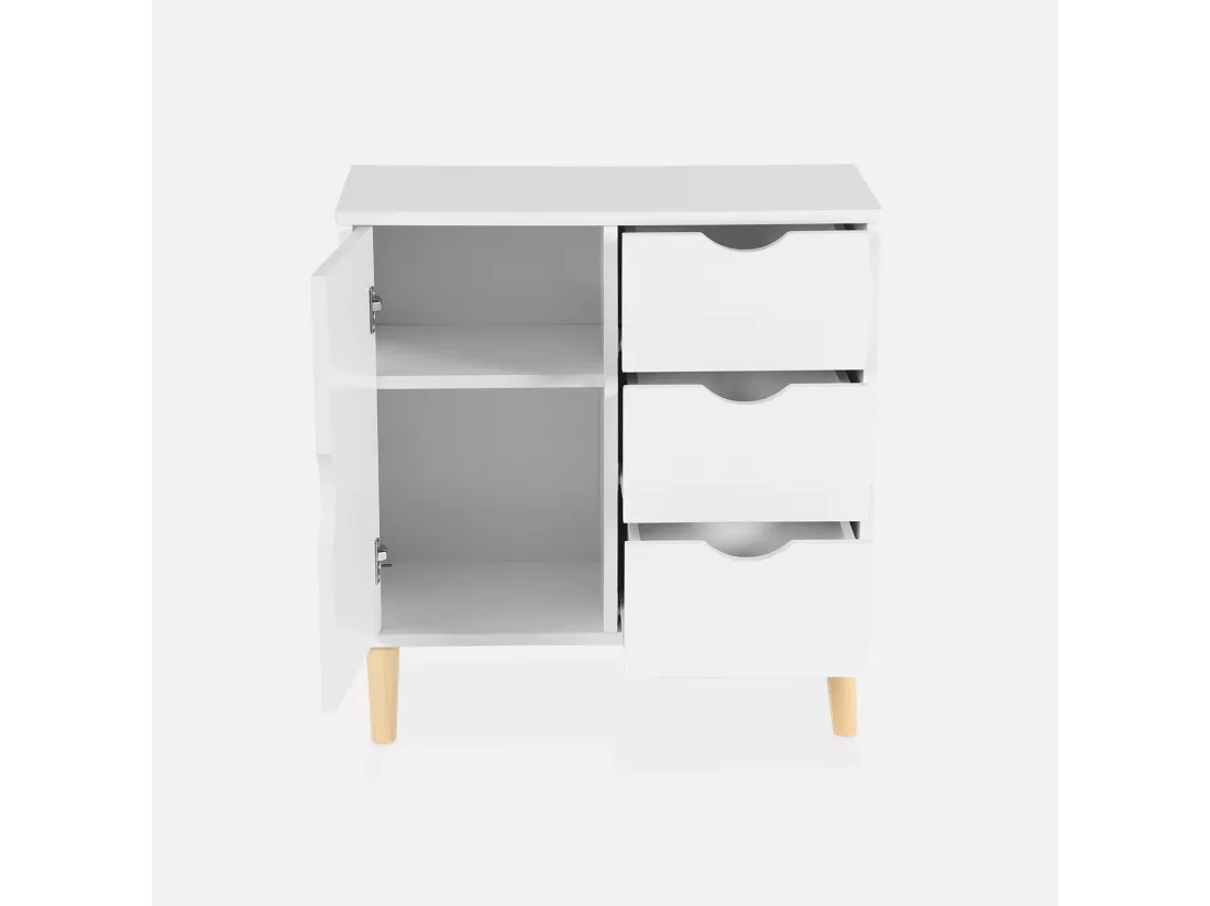 Commode enfant. 1 porte et 3 tiroirs. 2 étagères. blanc. pieds en pin