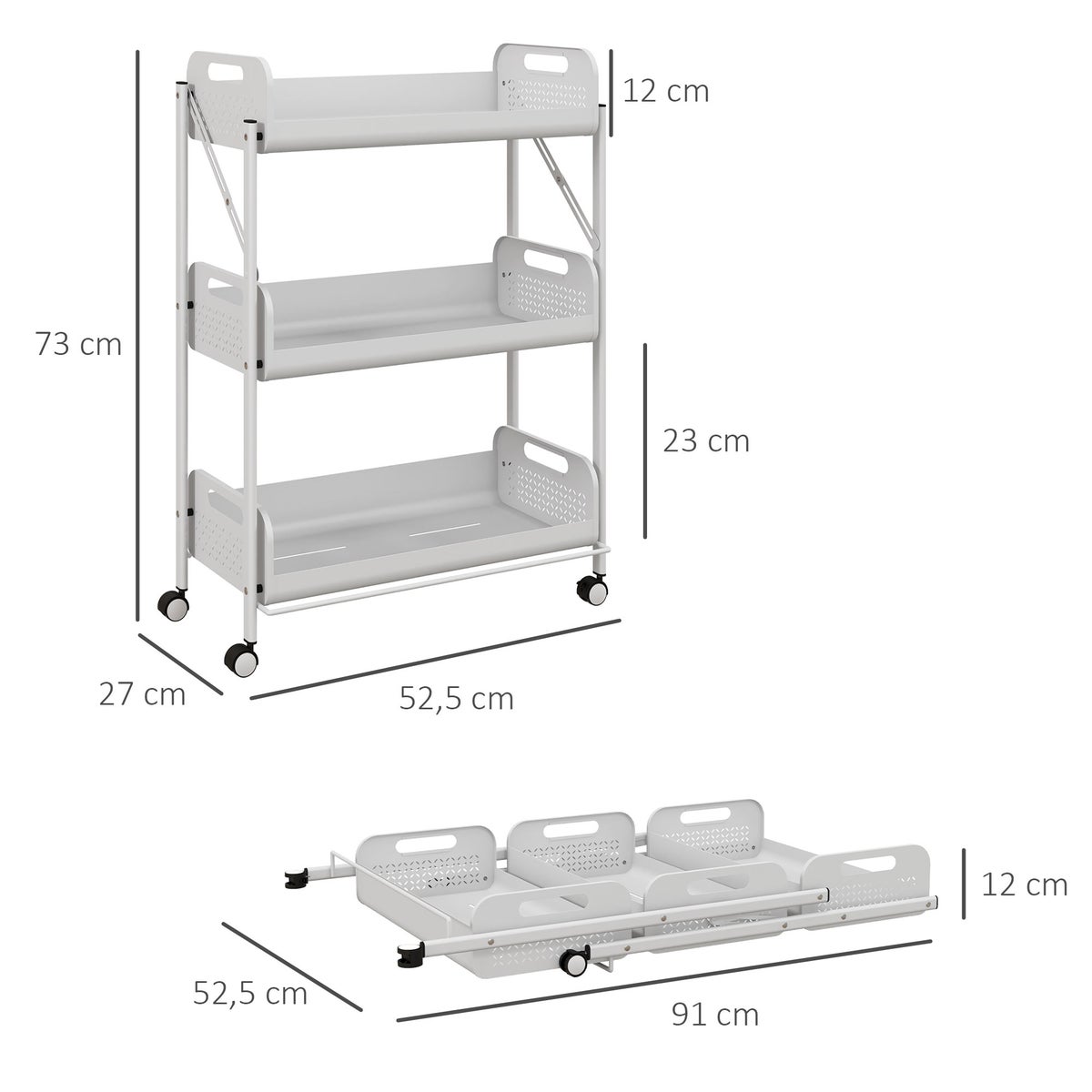 HOMCOM 3-laags serveerwagen, opvouwbare keukenwagen, opbergwagen met 3 gaasmanden voor keuken, woonkamer, staal, wit
