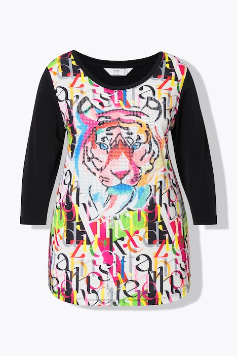 Langarmshirt, Tiger-Motiv, uni 3/4-Ärmel