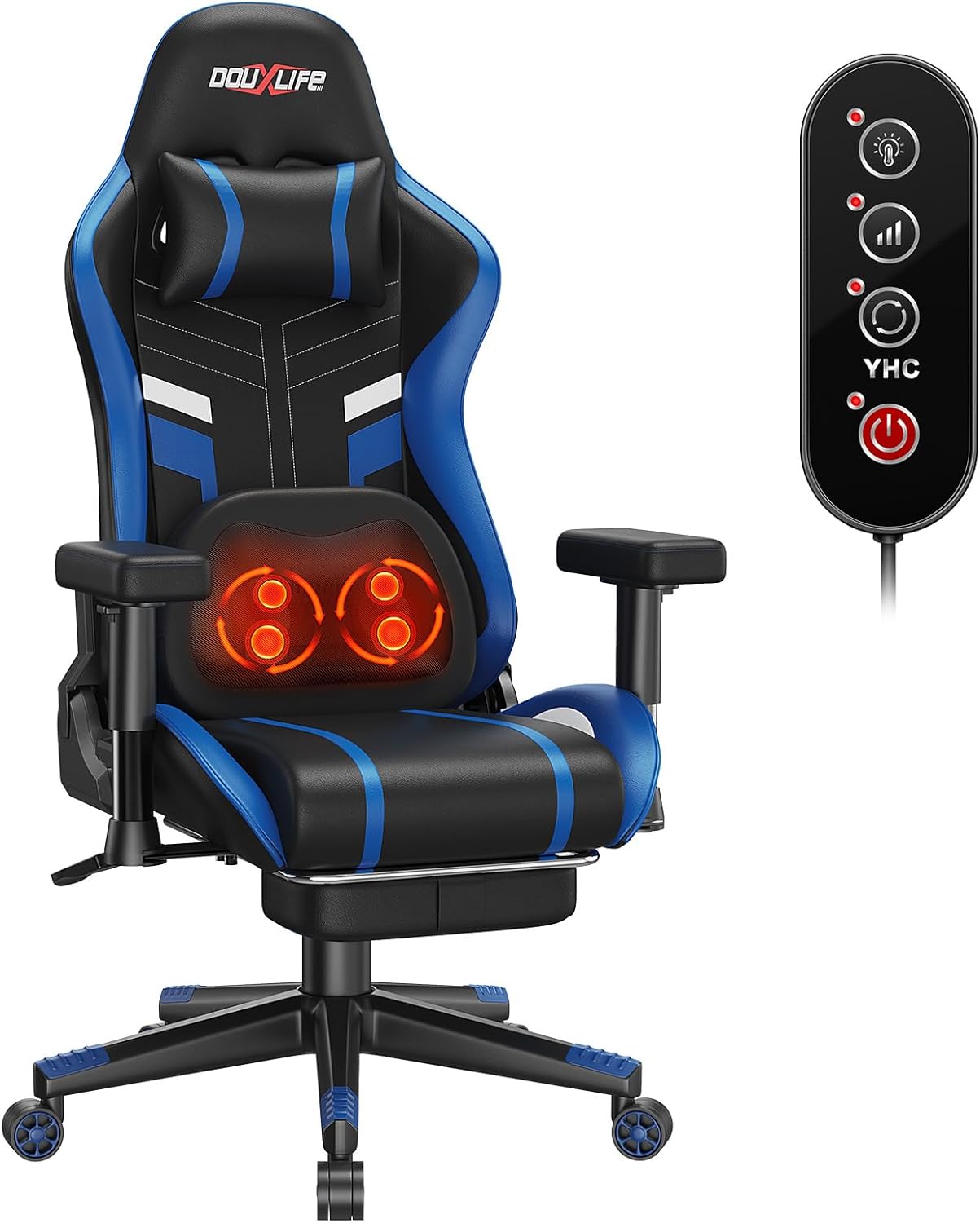 Douxlife Gaming-Stuhl mit Knetmassage und Heizfunktion, Ergonomischer Bürostuhl mit Fußstütze, 90°-175° Verstellbar, Gepolsterte 2D-Armelehnen, Gamer Sessel PC Stuhl, 181KG, Blau