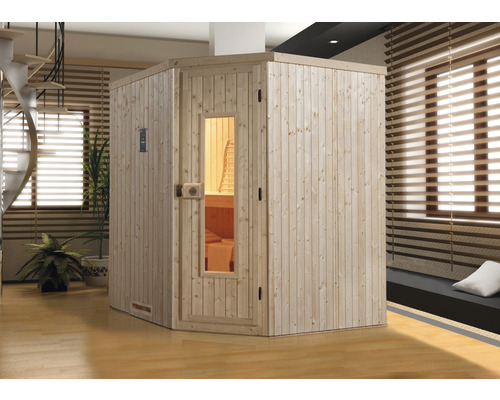 Weka Kiruna HT Gr.2 modulaire sauna zonder oven en raam, met houten deur en geïsoleerd glas.