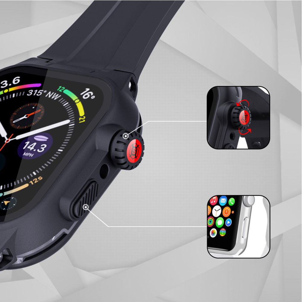 3in1 Apple Watch (41 mm) Wasserfestes Silikon Armband mit Bumper Case   Display Schutz (Gelenkumfang 170-250mm) - Schwarz
