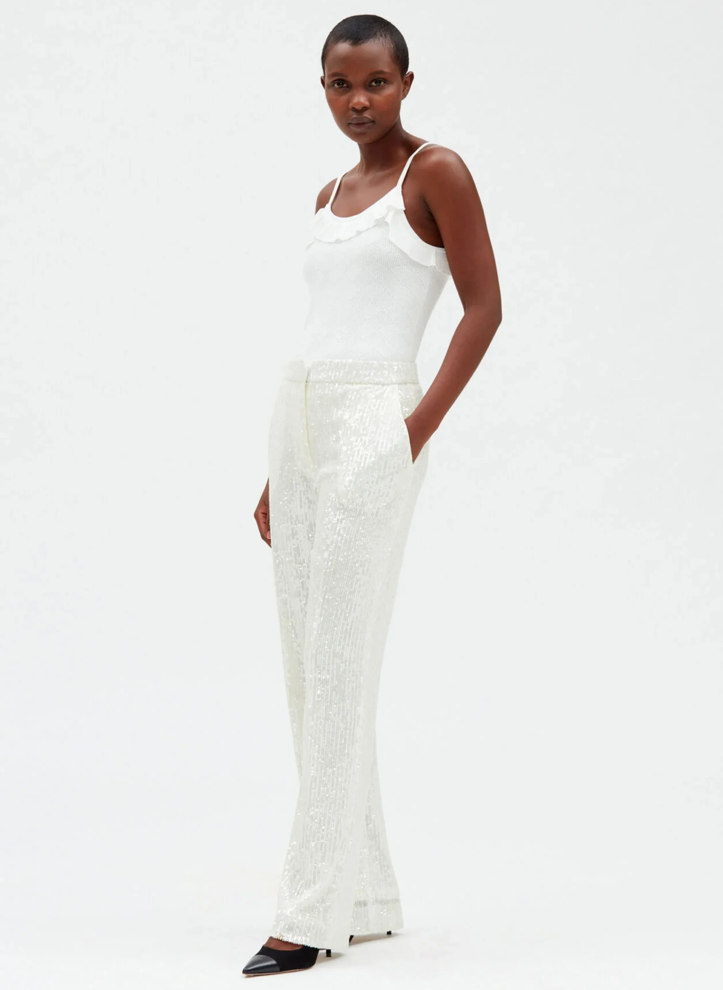 Pantalon large à sequins brodés | Blanc