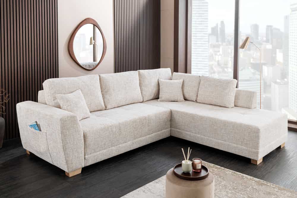 Modernes Ecksofa NORWAY 250cm beige Chenille Schlafsofa mit Stauraum inkl. Kissen
