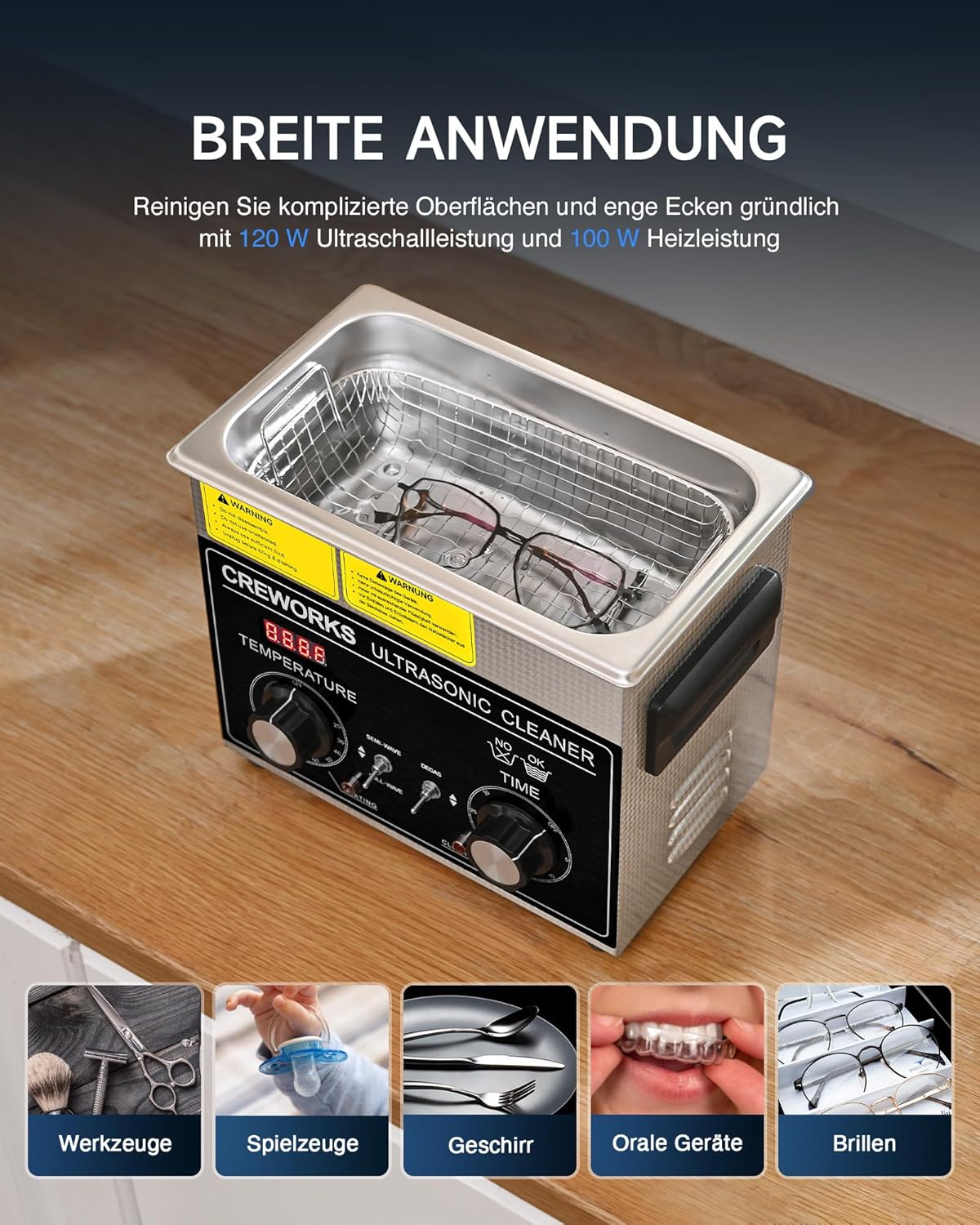 CREWORKS Ultraschallreinigungsgerät Edelstahl 3,2L Ultraschallreiniger mit Heizung Timer Degas- und Sanftmodus für Zahnprothesen Schmuck Brillen Uhren Gläser Ultraschall-Reinigungsgerät mit Knöpfen