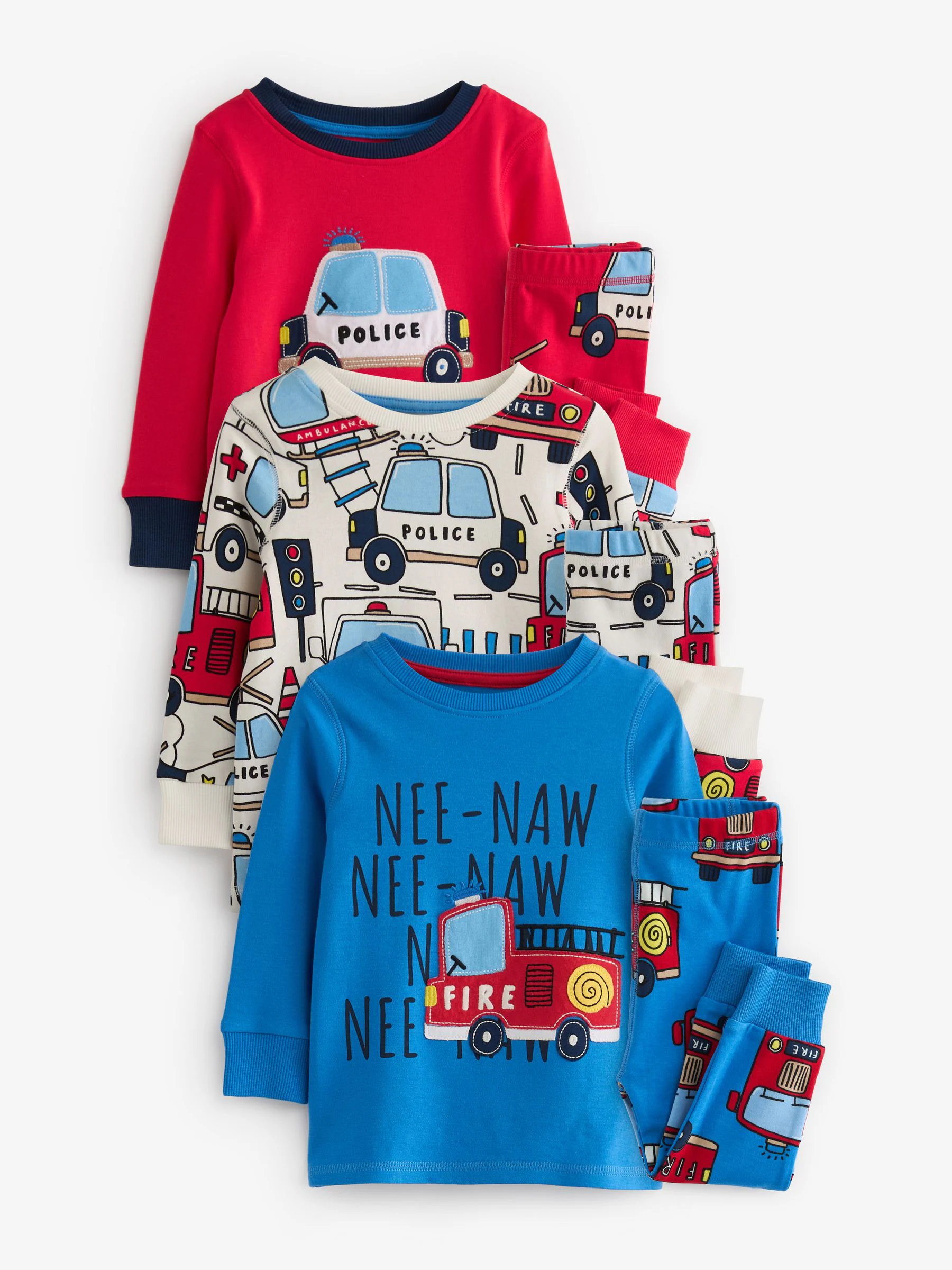 Rood/blauw met hulpvoertuigenprint - Mini Knusse Pyjama's 3 Set (9mnd-10jr)