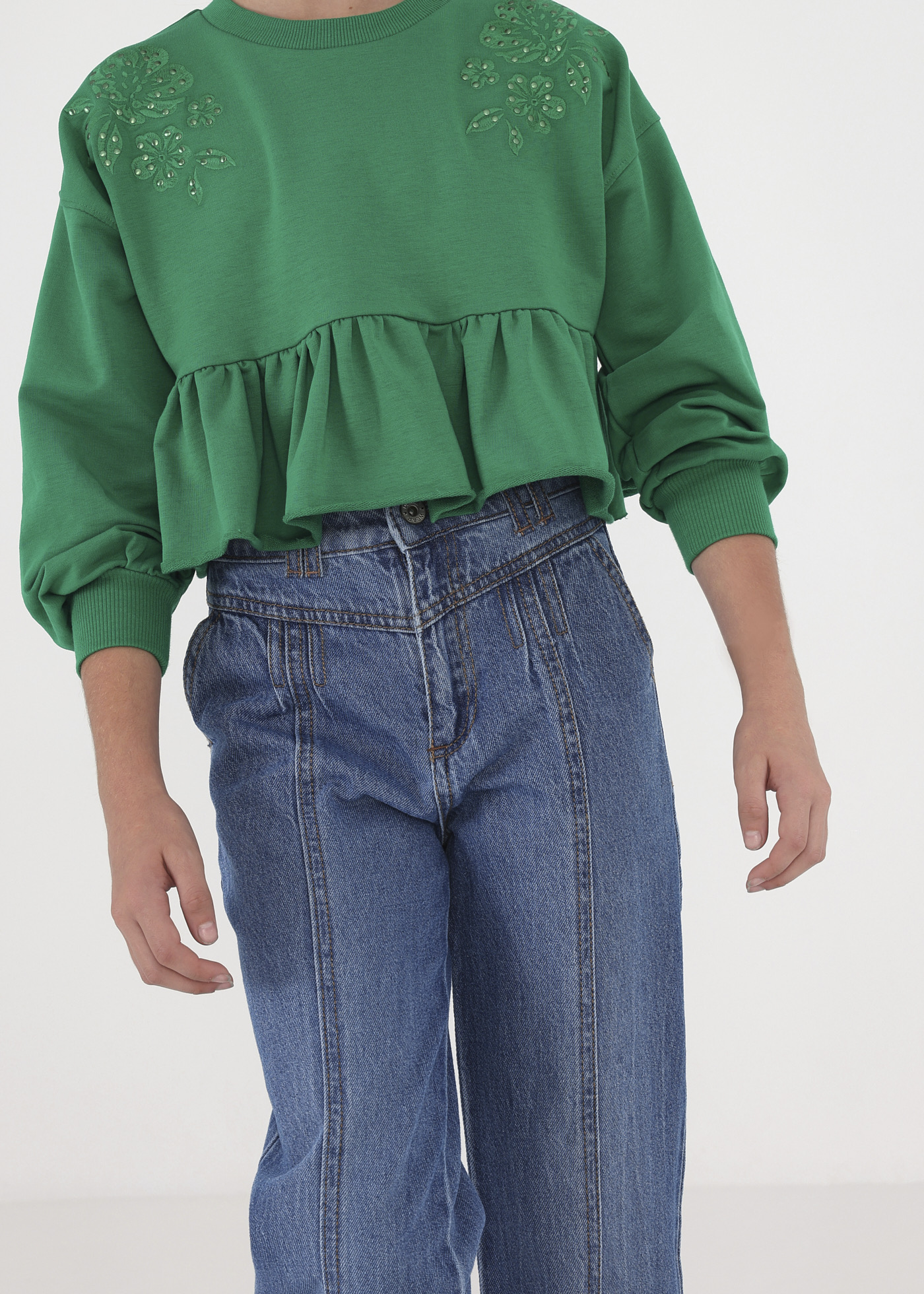 Calça jeans folgada de algodão com cintura alta para meninas