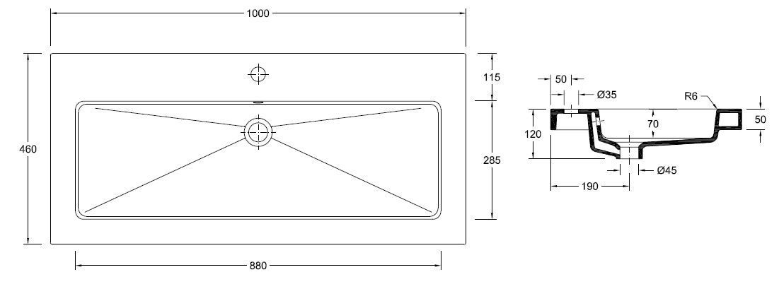 Mueller Single flat meubelwasbak 100x46cm met kraangat