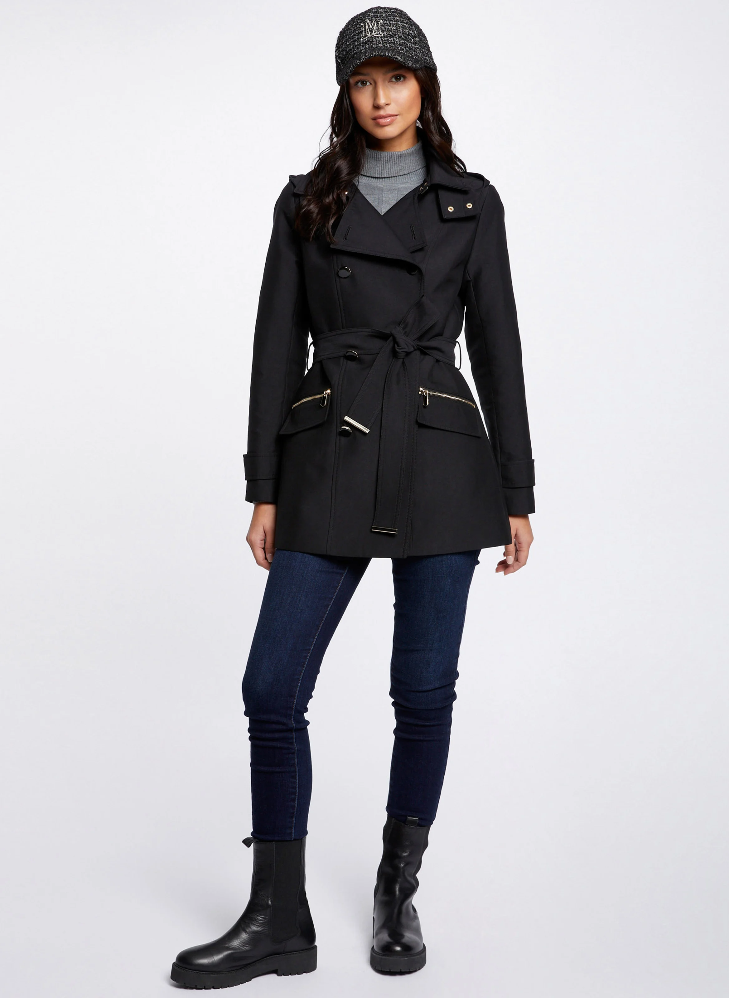 GLADIA - Trench cintré col à revers à capuche | Noir