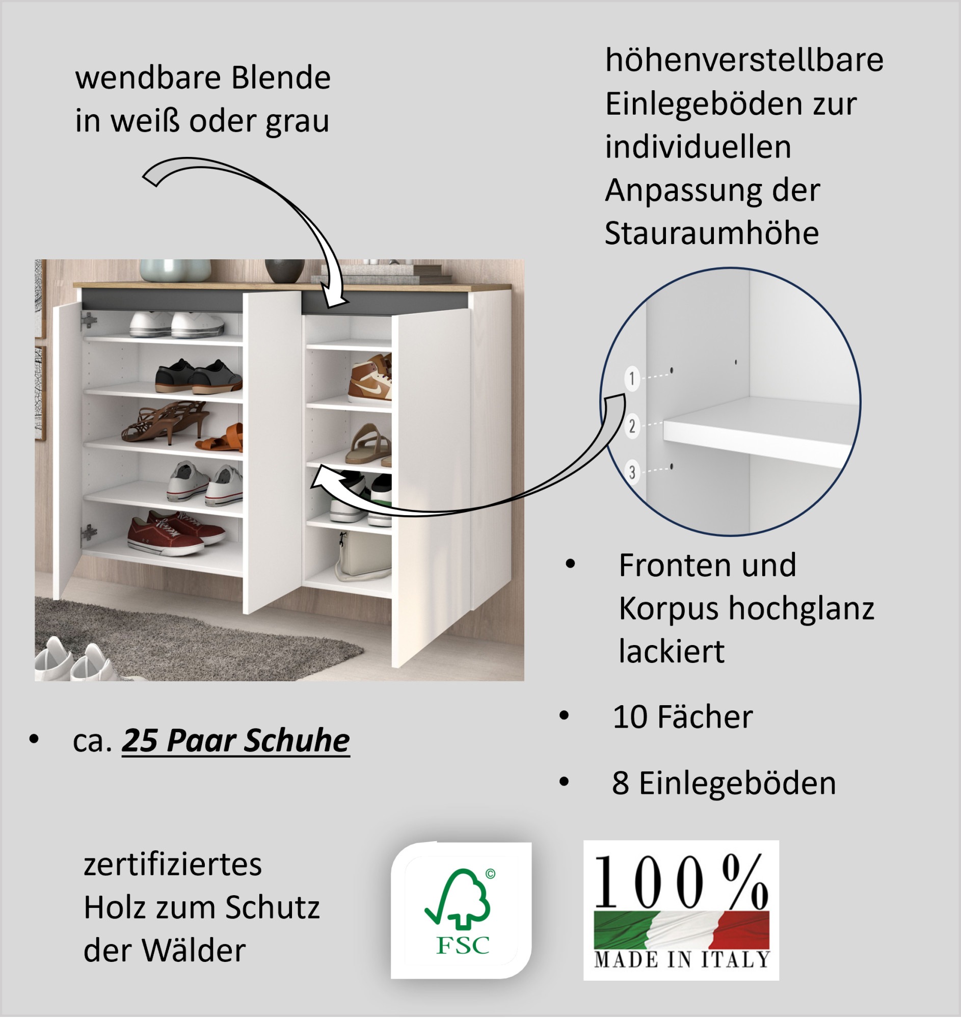 INOSIGN Schuhschrank »Zippo, Schuhkommode,Schuhregal,Made in Italy,hängend« 1 Stk. tlg. Front/Korpus hochglanz lackiert B/T: 130x35 cm,5 Fächer,25 paar Schuhe