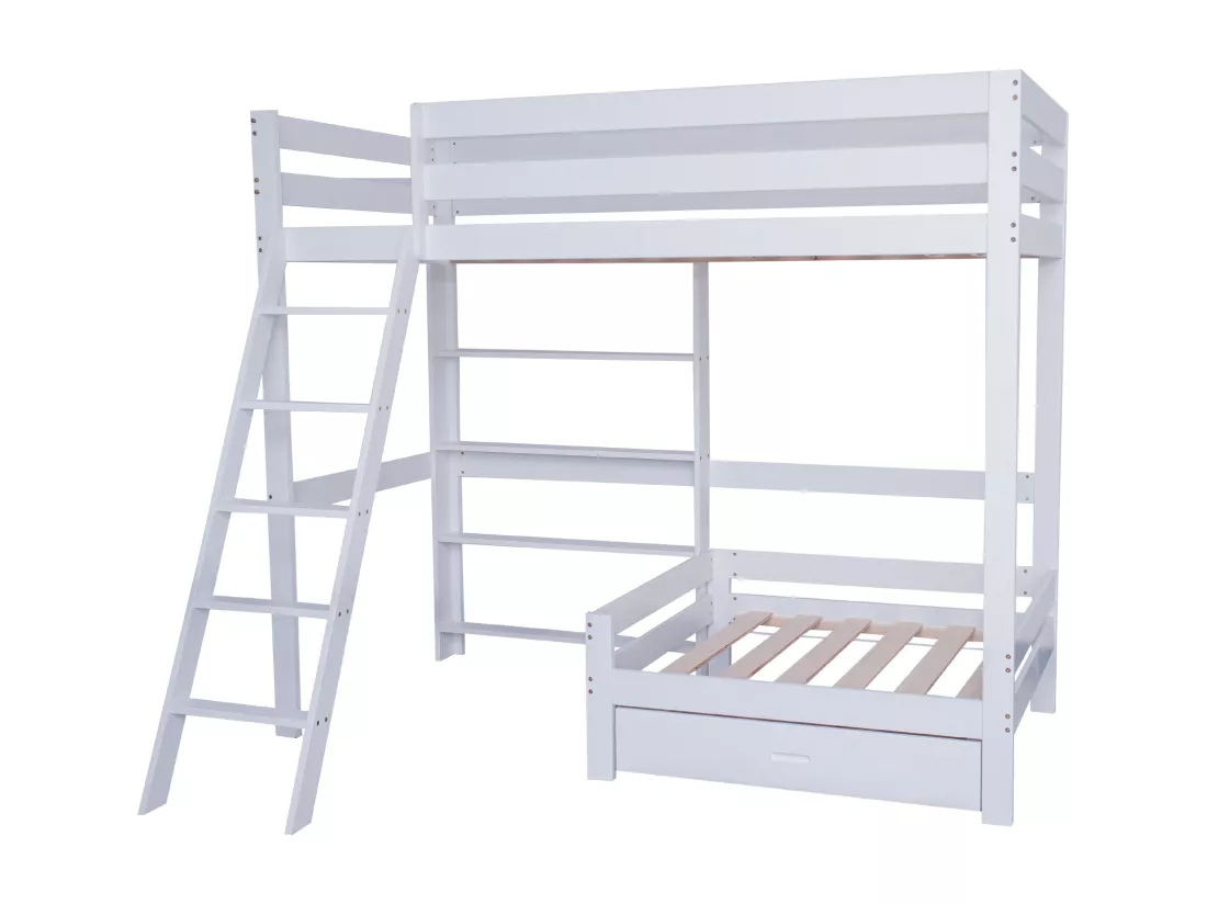 Lit mezzanine avec canapé + étagère + échelle - cadre en pin - 90x200cm - Blanc