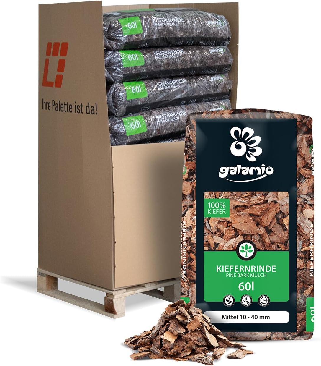 GALAMIO Kiefernrinde Kiefernmulch Rindenmulch Rinde Mulch Garten Dekor Pinus Sylvestris Natur Wald Kiefer Mittel 10-40mm 60l x 13 Sack 780l / 1 Palette