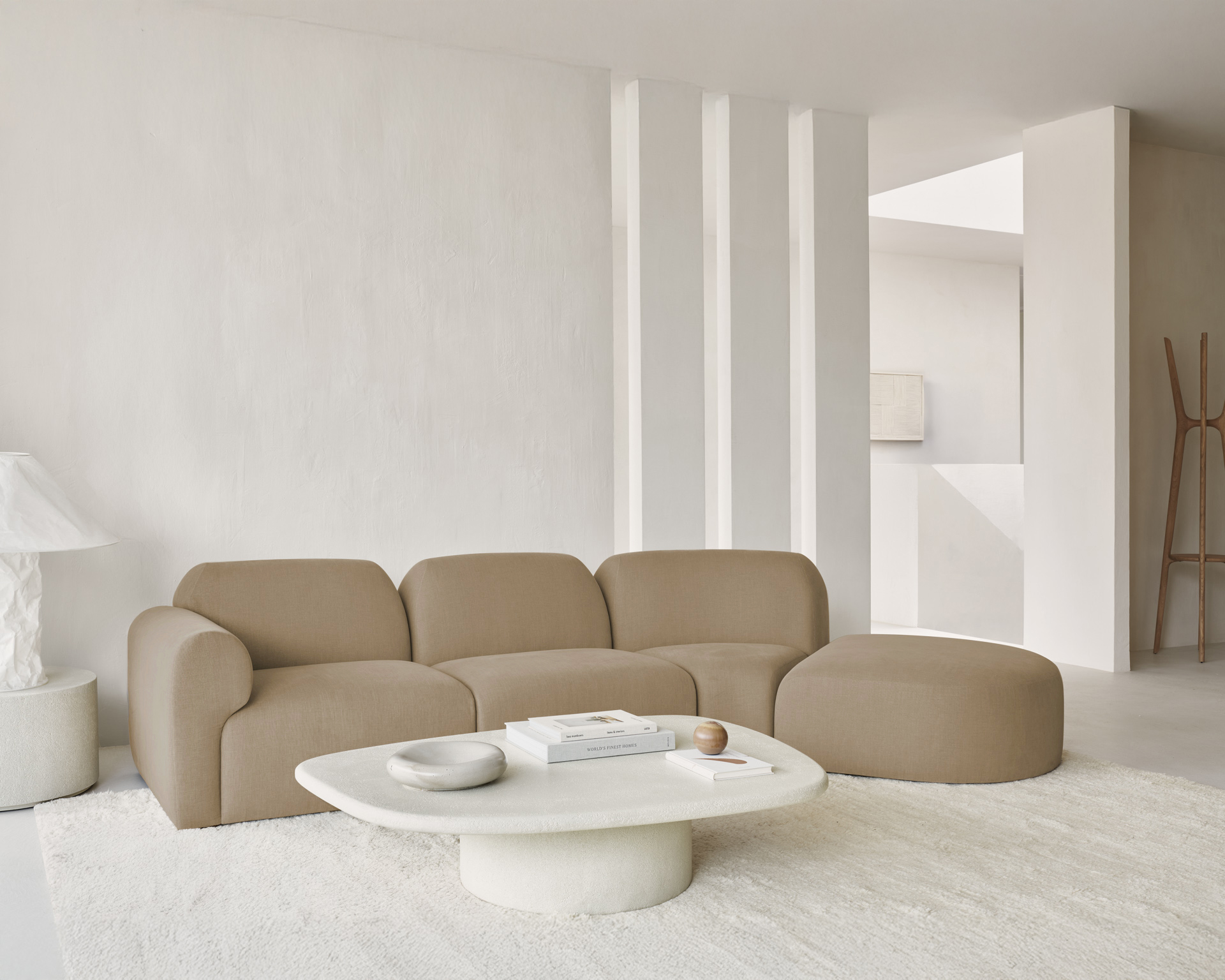 Bulky modulaire sofa - halfronde voetenbank - light sepia