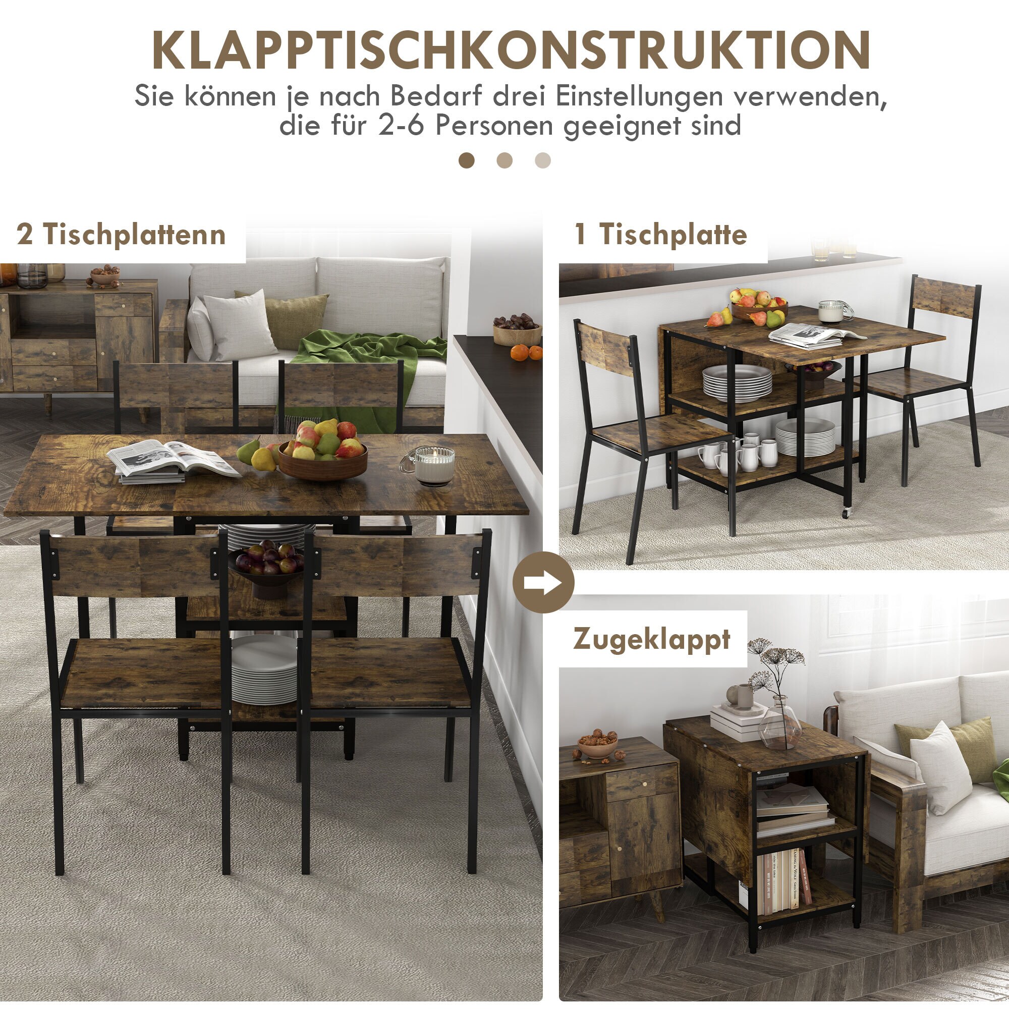 HOMCOM Klappesszimmertisch mit Rollen und 2 Ablageebenen braun 140L x 80B x 75H cm