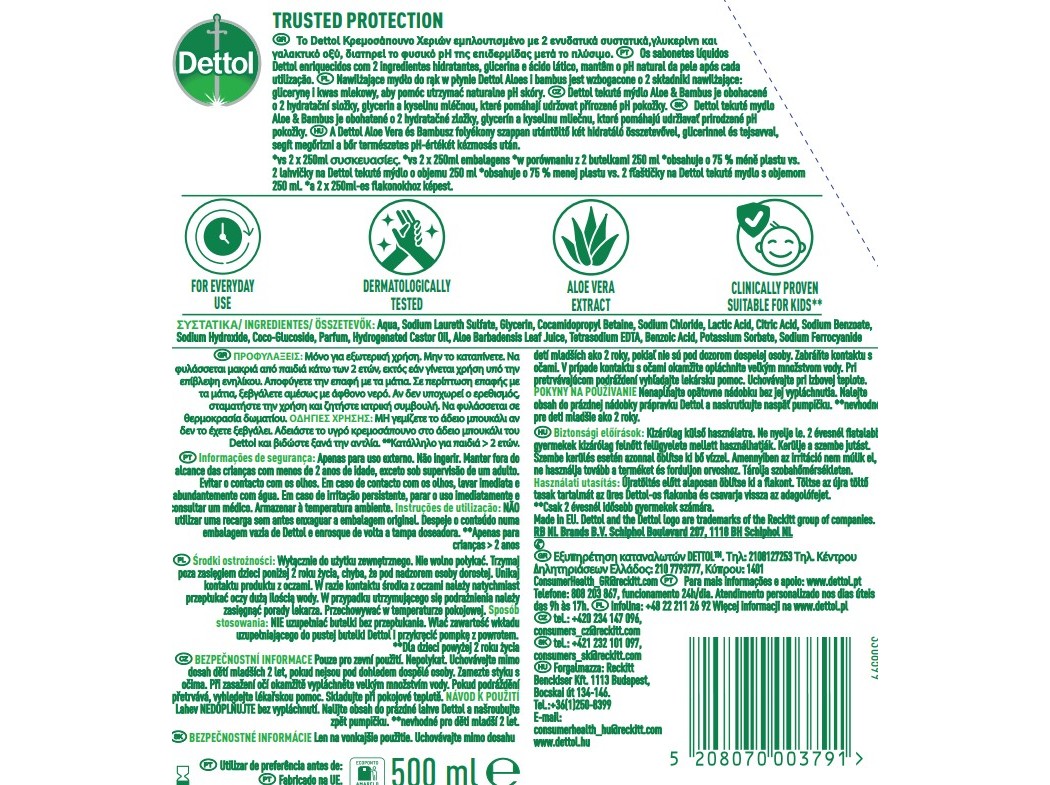 SABONETE LÍQUIDO DETTOL ALOE VERA ECO PACK 500ML