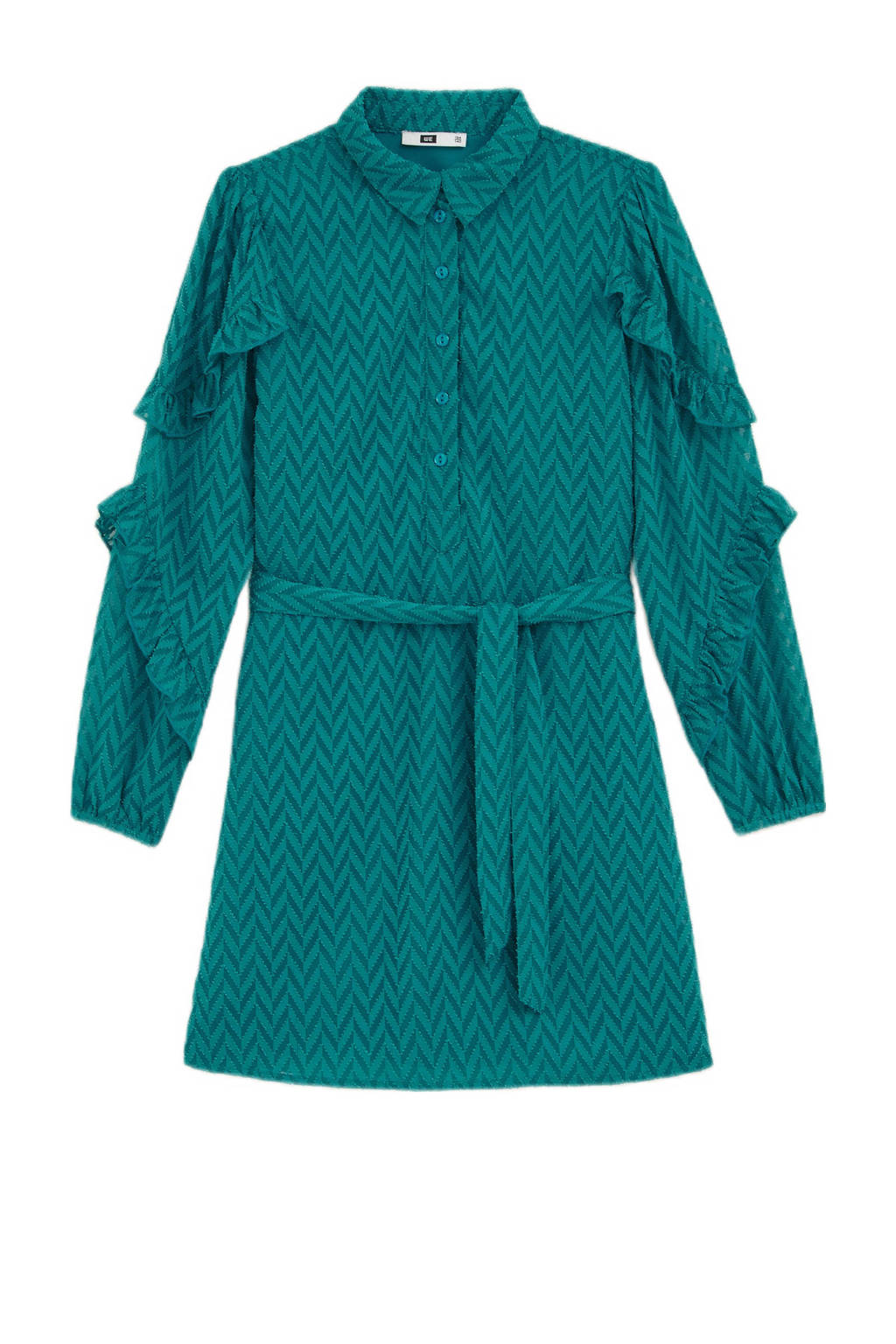 WE Fashion jurk met all over print en ruches petrol/donkergroen