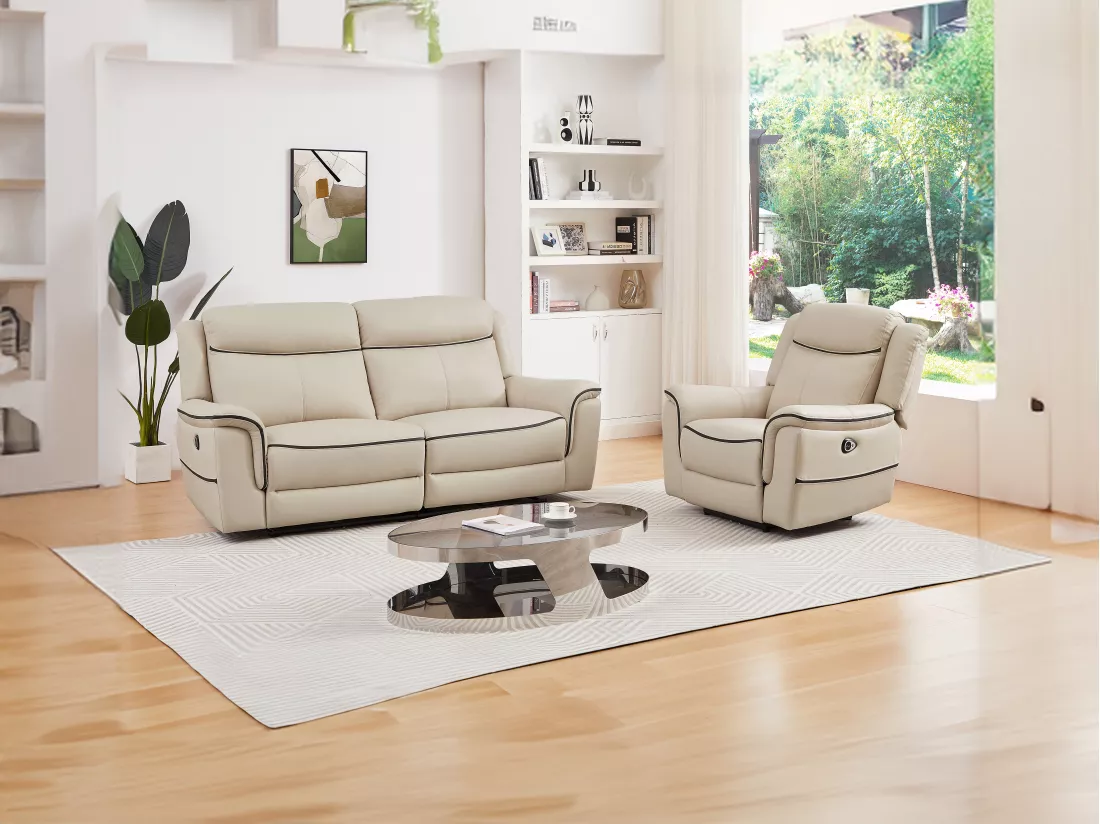 Canapé 3 places et fauteuil relax électrique en cuir beige ADELIO